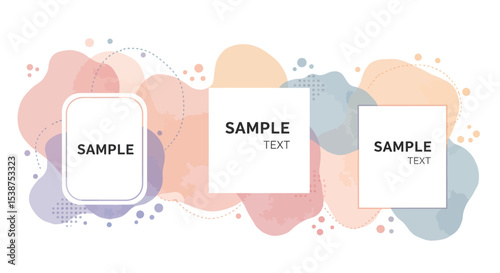 Abstract pastel blob shapes with sample text in geometric frames on watercolor background vector illustration