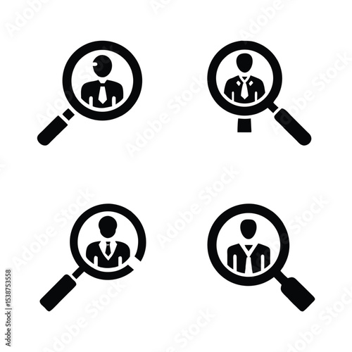 Four icons of magnifying glasses focusing on business people.