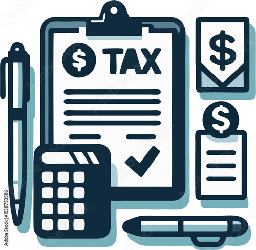 Tax Preparation Icon Set – Clipboard with Tax Form, Calculator, Pen, Dollar Symbols and Checklist