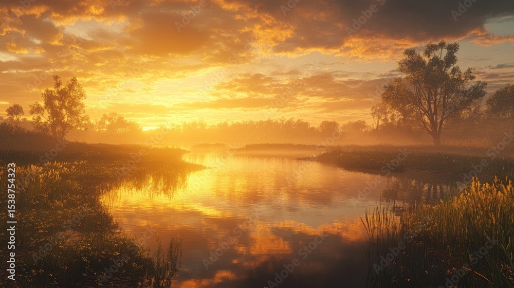 Obraz premium Serene Sunset Over Calm Lake Surrounded by Trees and Golden Sky Reflecting on Water