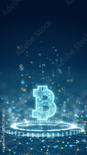 Motion graphic of a glowing bitcoin symbol floating in a digital interface, representing cryptocurrency and blockchain technology in a vertical format.