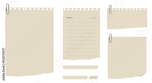 Set of blank torn-edge papers with paperclips and lines vector illustration