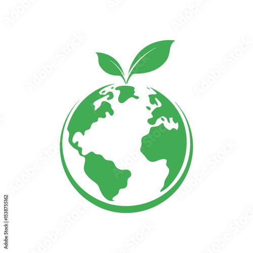 Green Earth Globe with Two Leaves on White Background Eco Friendly Logo