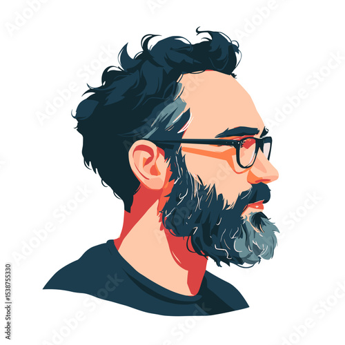 Side profile illustration of a bearded man with curly hair and glasses, vector illustration
