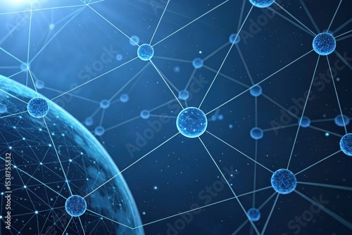 Digital Render of Connected Spheres and Network in a Dark Blue Floating Environment