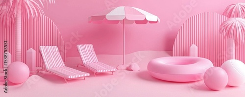 Stylish Pink Summer Setup with Loungers, Umbrella, and Pool Float