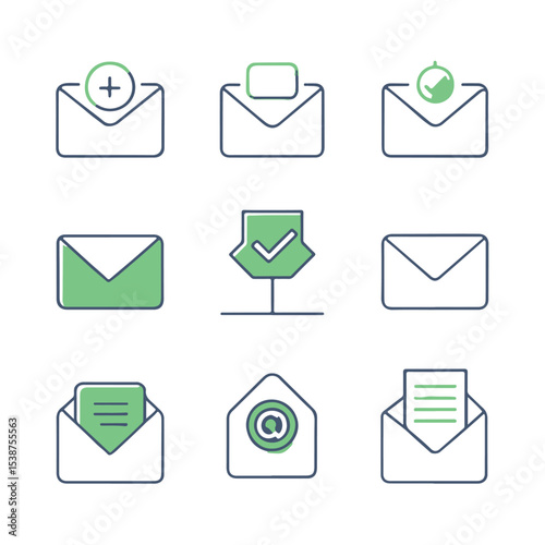 Minimal Line Email and Message Icon Set Featuring Envelopes, Notifications, Attachments, and Mail Symbols – Green and Blue Vector Design