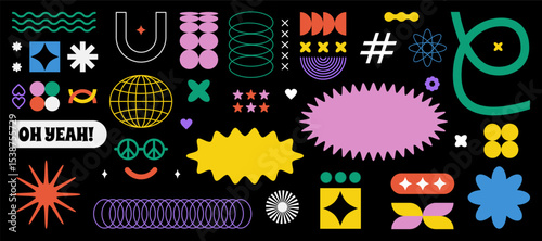 Colorful Geometric Shapes, Retro Symbols, and Playful Abstract Elements in Pop Art Style with 90s Cartoon Influence, Wavy Forms, Brutalism, and Memphis & Bauhaus Aesthetics