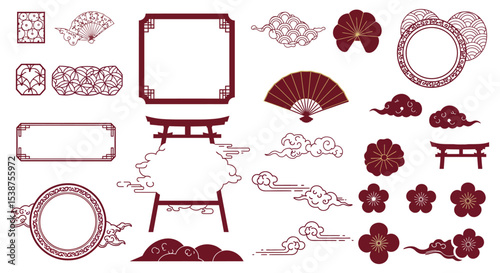 Traditional asian decorative elements with fans, clouds, flowers, and torii gate vector illustration