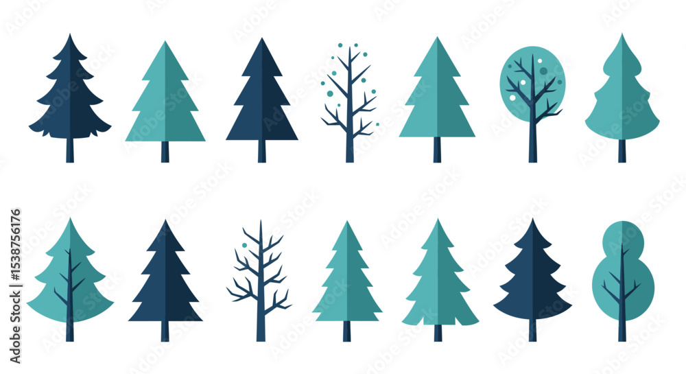 Obraz premium Stylized tree collection: diverse geometric shapes and patterns in two rows vector illustration