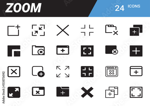 Zoom Icons Set: A comprehensive collection of zoom-related icons presented in a modern and minimalist style, perfect for design projects.