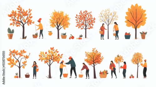 Autumn harvest scene with people picking fruits from trees.
