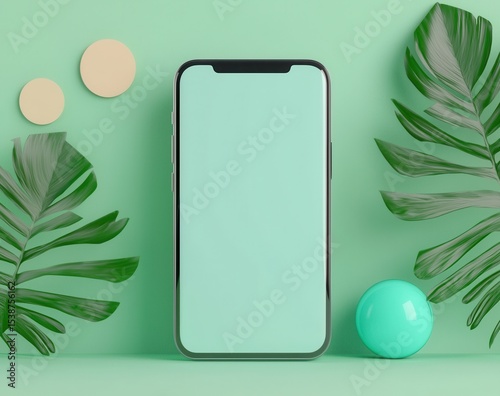 Minimalist Mobile Phone on Green Background with Leaves and Shapes