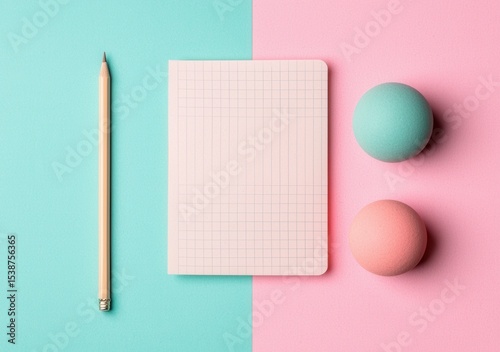 Colorful stationery arrangement with pencil, notebook, and balls