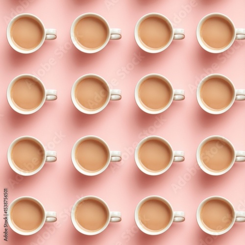 Pattern of Simple White Cups with Brown Liquid on Pink Background