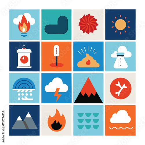 Flat Design Natural Disaster and Weather Icon Set Featuring Fire, Storm, Earthquake, Snow, and Volcano Elements – Colorful Vector Collection