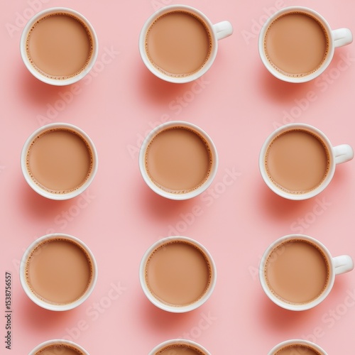 Rows of White Cups Filled with Coffee on a Bright Pink Background
