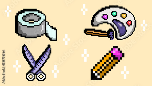 Creative pixel style art icons featuring tape roll, painters palette, purple scissors, and pencil with bright accents and soft background. Concept of creative planner templates or journals