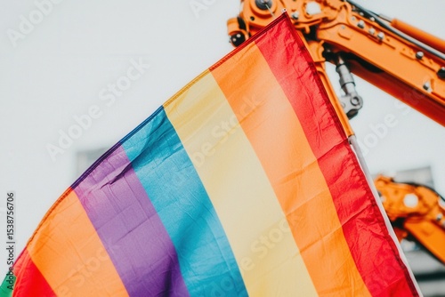 Vibrant Rainbow Flag Waving Against Industrial Background with Machinery