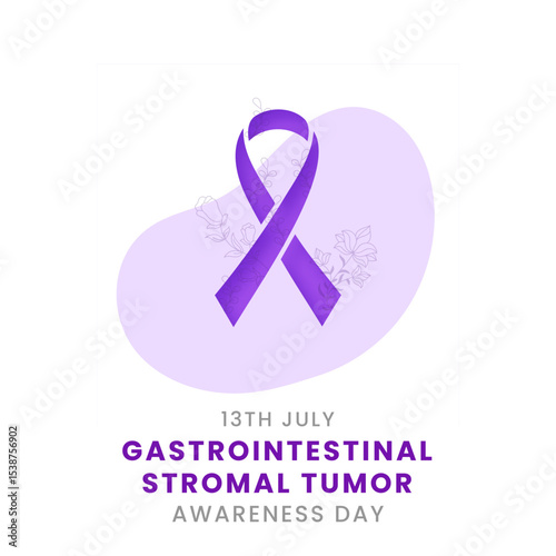 Purple ribbon with white background awareness graphic for Gastrointestinal stromal tumors Awareness Day.
