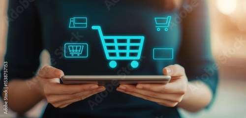 Woman Using Tablet with Virtual Shopping Cart Icons Floating Above