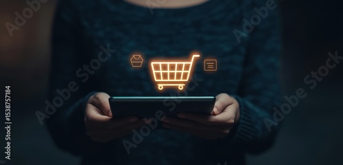 Hands Holding Tablet with Shopping Cart Icon in Dark Background