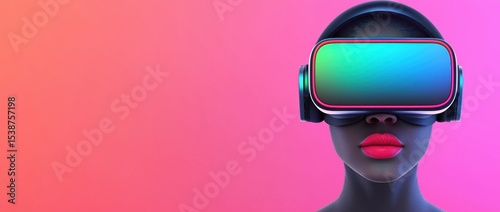 Futuristic Portrait of Woman with Virtual Reality Headset and Headphones