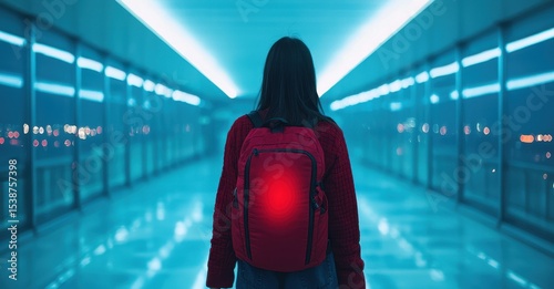 Person with Red Backpack in Modern Corridor Lit by Neon Lights