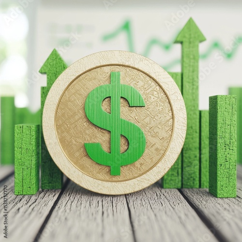 Green Dollar Coin Surrounded by Growing Chart Bars on Wooden Table