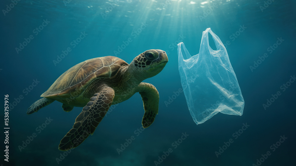 Fototapeta premium Sea turtle encounters floating plastic bag in polluted ocean water