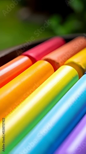 A vibrant close-up of colorful wax crayons arranged in a row, suitable for art, education, and creative projects promotion.