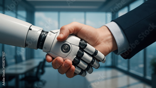 Human and robot handshake in futuristic office partnership setting
