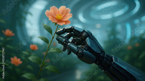 Metallic robot hand gently touching blooming orange flower