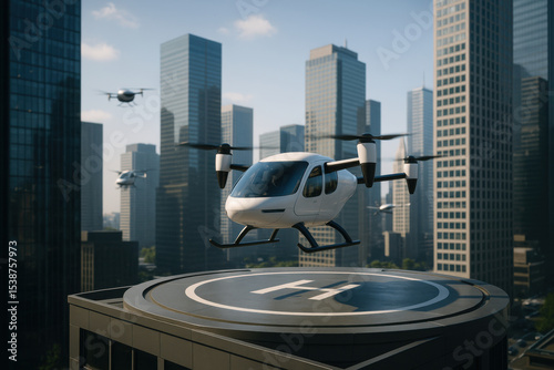 White flying car landing on rooftop helipad in futuristic city
