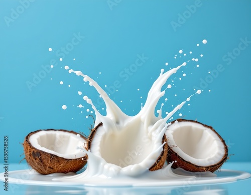 high quality, coconuts bursting open, splashing milk in vibrant blue backdrop, subject at bottom, ample copy space at top for photos.