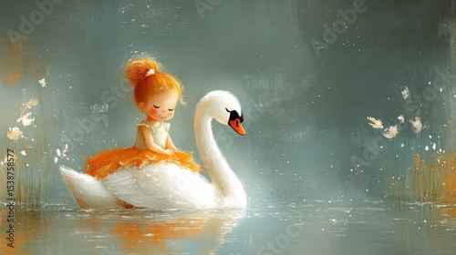 Girl on Swan, Fairy Tale, Pond, Soft Background