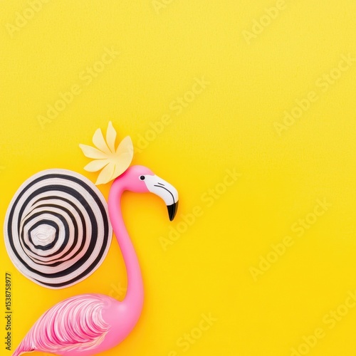 Vibrant Flamingo with Striped Hat Against Bright Yellow Background