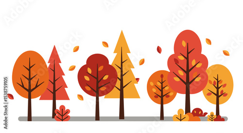 Colorful autumn forest trees with falling leaves in flat design style vector illustration