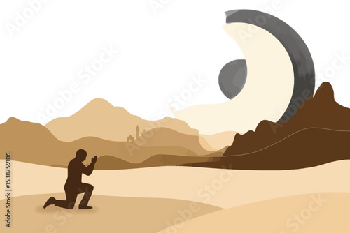 Man Praying Desert Landscape Beige Brown Silhouette