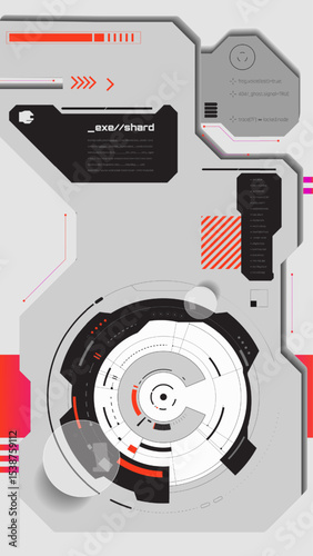 Vector design of advanced system interface with circular scanning core, shard status alert, directional nodes and control dashboard details. Concept of tech startup branding, infographics for software
