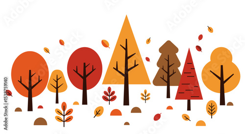 Colorful autumn forest with stylized trees and falling leaves vector illustration