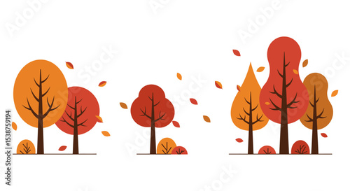 Autumn trees with falling leaves in minimalist illustration design vector illustration