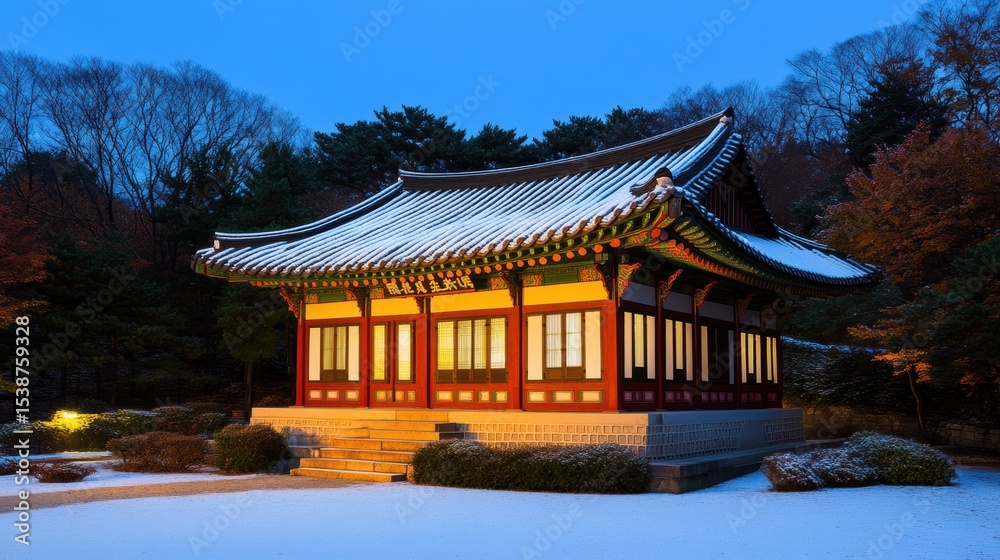 Fototapeta premium A serene winter scene showcases a traditional building adorned in vibrant colors, surrounded by lightly snow-covered bushes, This image can be used for travel articles, cultural promotions