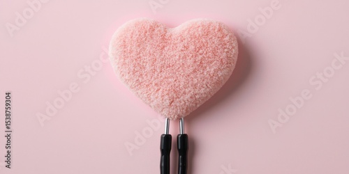 Heart Shaped Kitchen Sponge with Black Handle on Pink Background