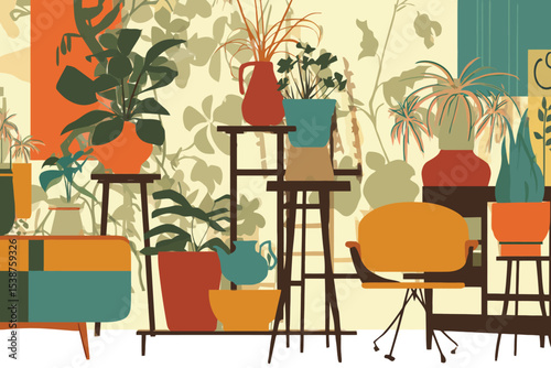Mid Century Modern Room Plants Potted Teal Orange Yellow