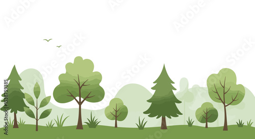 Green forest landscape with diverse tree varieties and minimalist design vector illustration