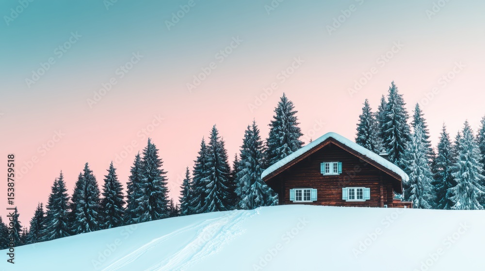 Naklejka premium A cozy wooden cabin nestled amidst snow-capped trees, set against a pastel sky, Perfect for winter decor, travel brochures, or serene landscape backgrounds,