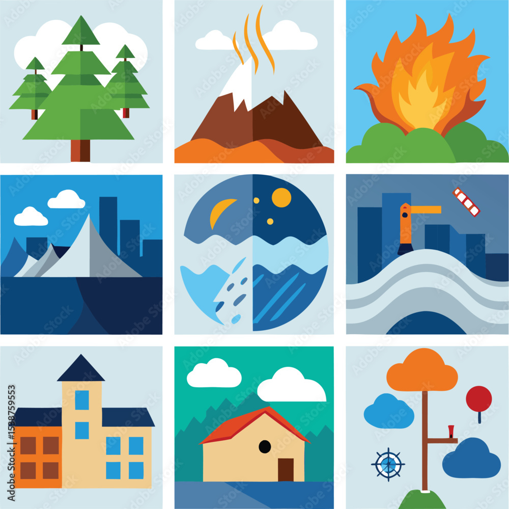 Naklejka premium Natural Disaster and Environment Icon Set Featuring Forests, Volcanoes, Floods, Fires, and Climate Conditions – Flat Vector Illustration