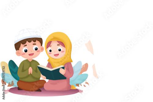 Muslim Children Reading Book Together Islamic Illustration