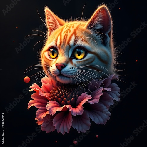 Cat illustration with flower on dark background  
